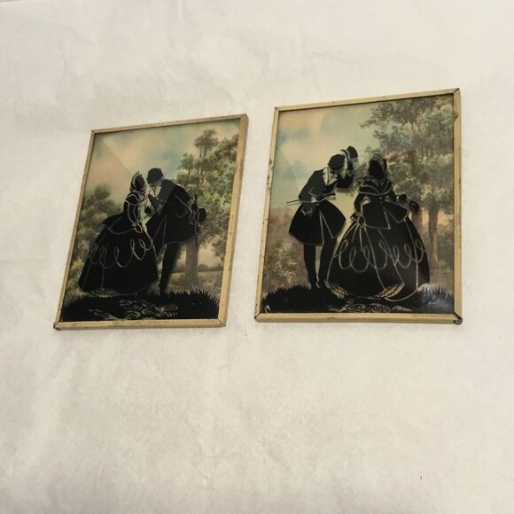 Set of vintage Convex Glass Reverse painted Silhouette Pictures Victorian scenes - Picture 4 of 16